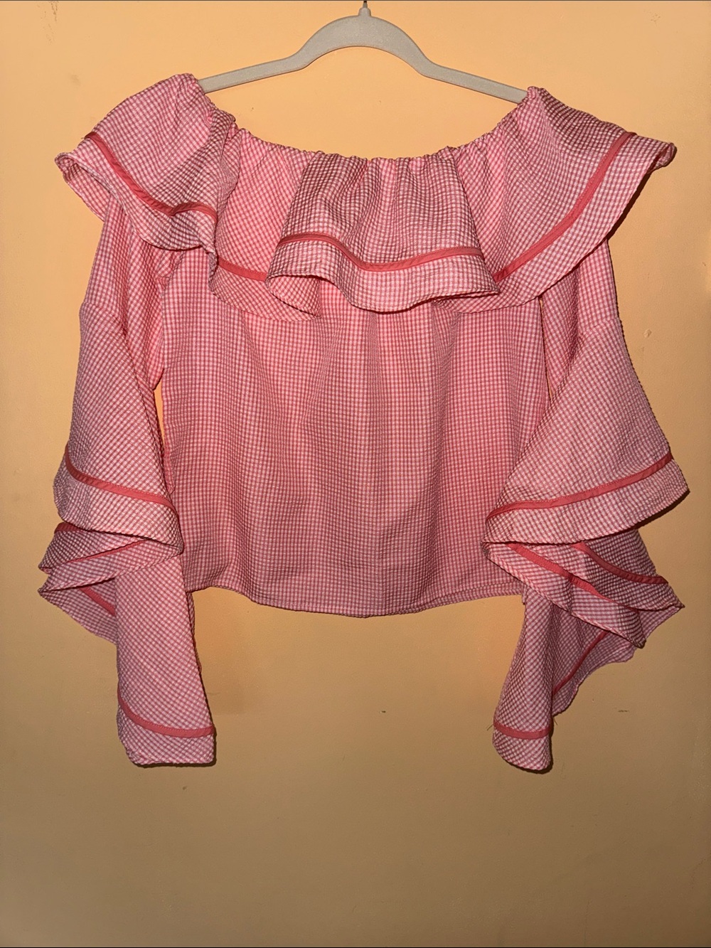 Ruffled Off-Shoulder Blouse - Coral Gingham Size M